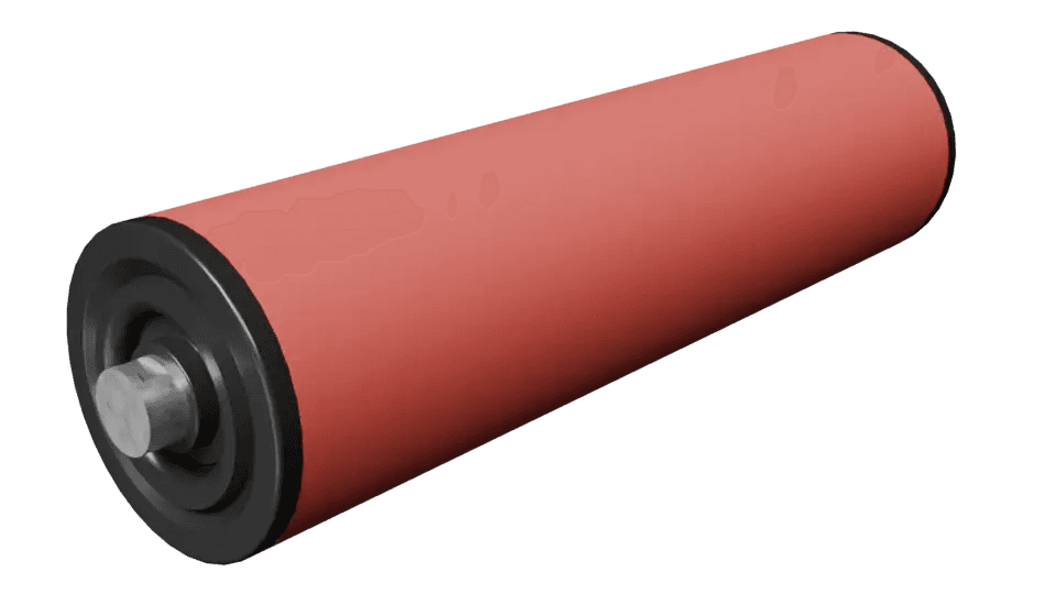 3D render of a Lorbrand hybrid roller, black nylon housing toward the camera, red steel tube extending away