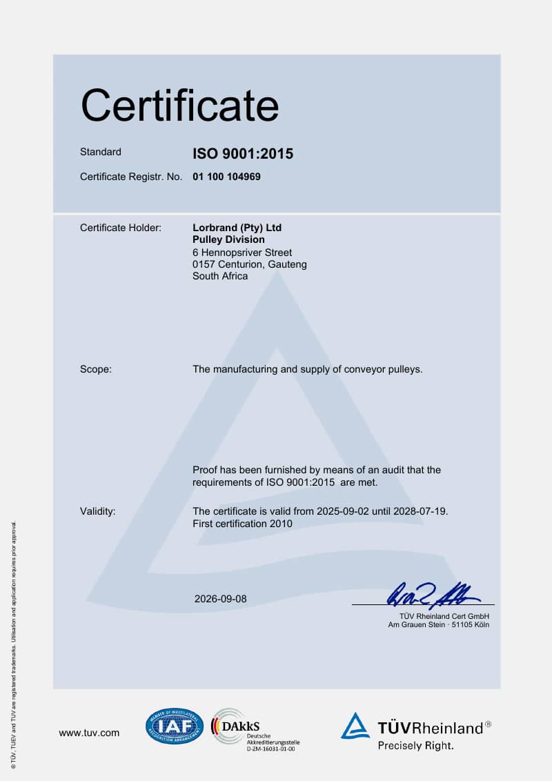 Certificado ISO 9001:2015 para la fabricación y el suministro de poleas Lorbrand