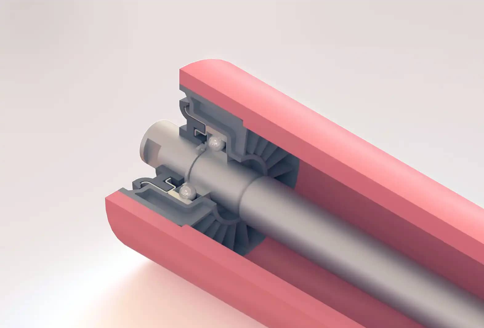 Quarter-section render of a Lorbrand composite roller showing the nylon bearing housing seated in the bored HDPE tube