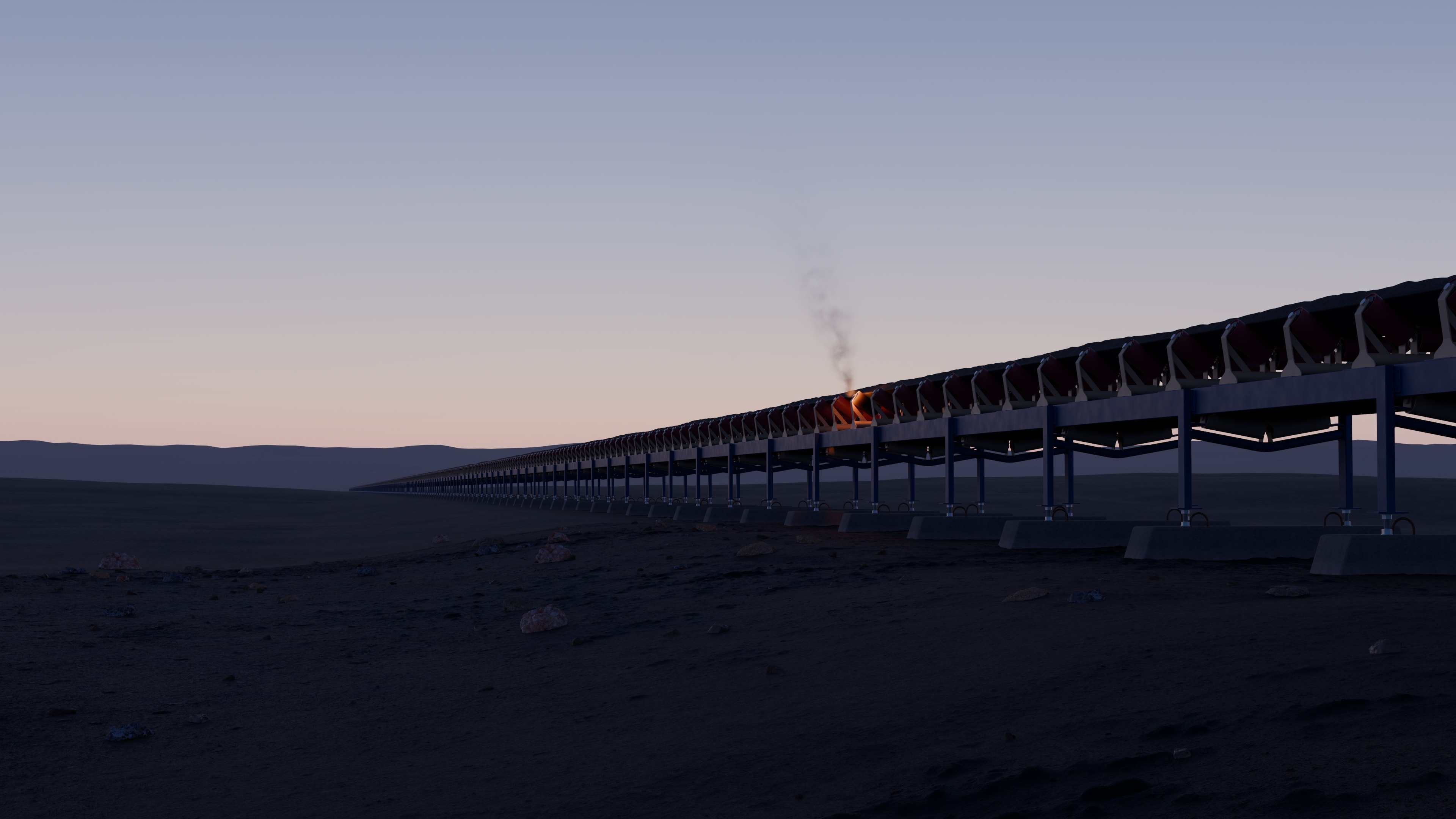Overland conveyor at dusk, with one roller overheating