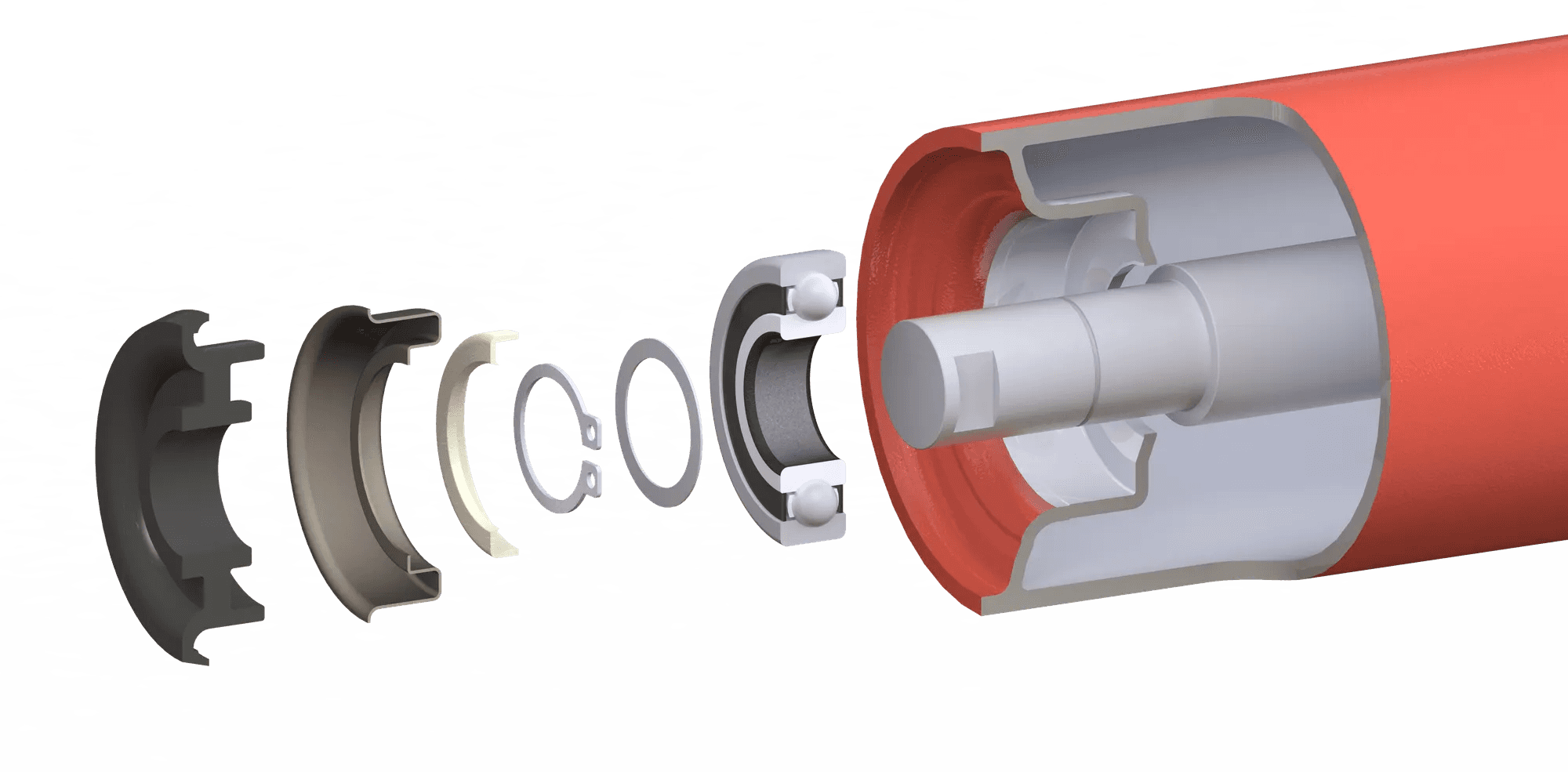 Exploded view of the Lorbrand steel roller body beneath the lining: tube, shaft, bearing housings, bearings and seal components