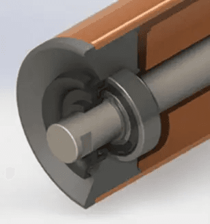 Cutaway of a Lorbrand hybrid roller showing the nylon bearing housing press-fitted into the steel tube