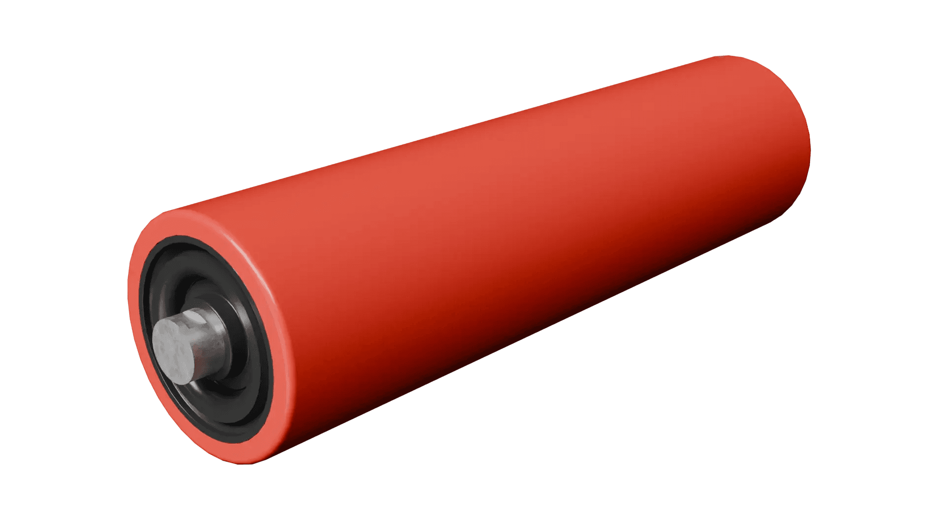 3D render of a Lorbrand composite roller, end face toward the camera, HDPE tube extending away