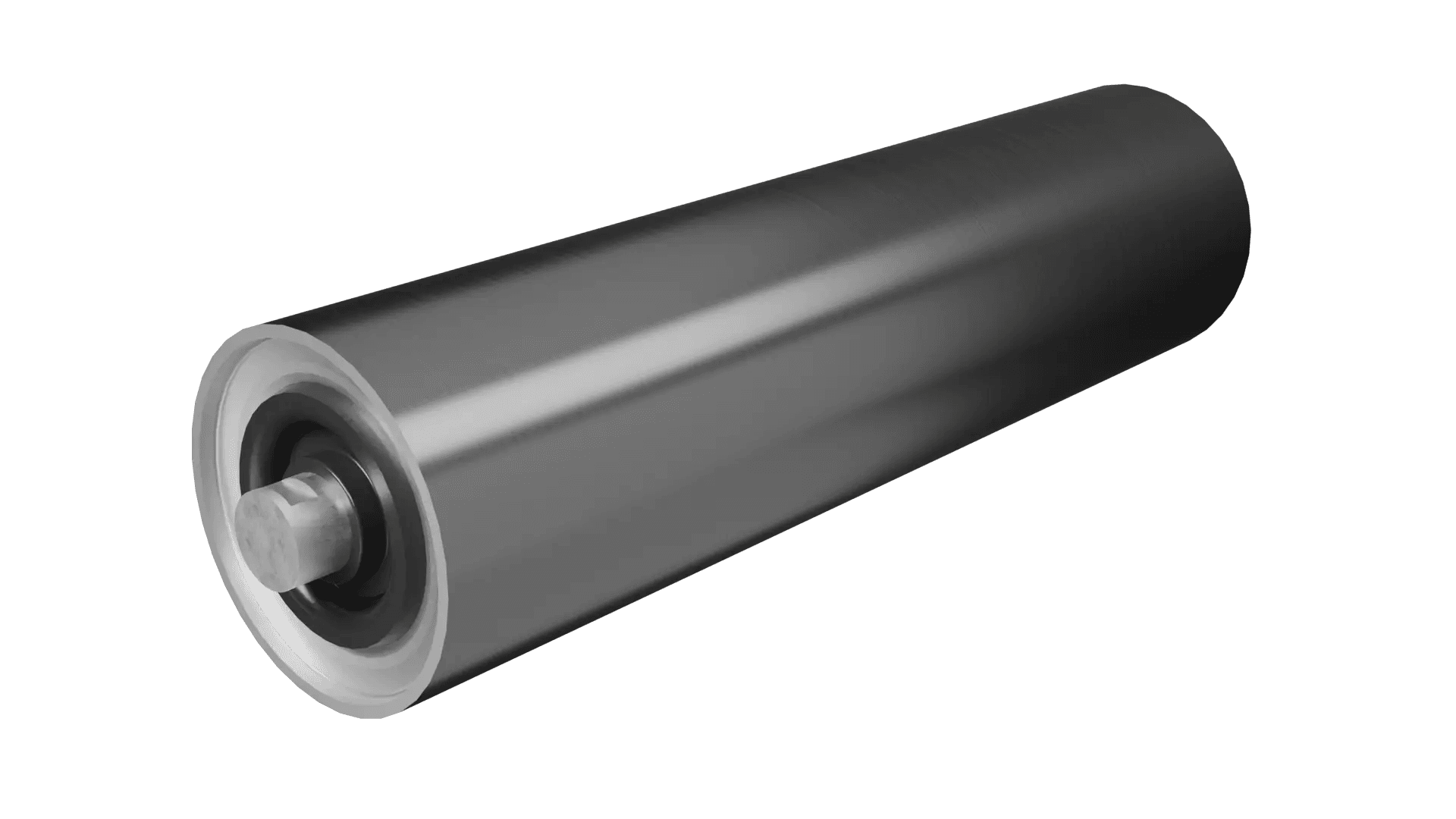 3D render of a Lorbrand stainless steel roller, end face toward the camera, bright tube extending away