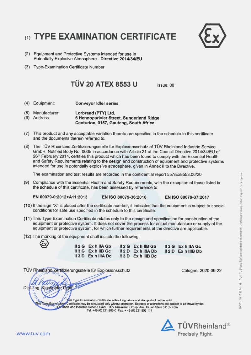Primera página del certificado de examen de tipo TÜV 20 ATEX 8553 U de la serie de polines Lorbrand