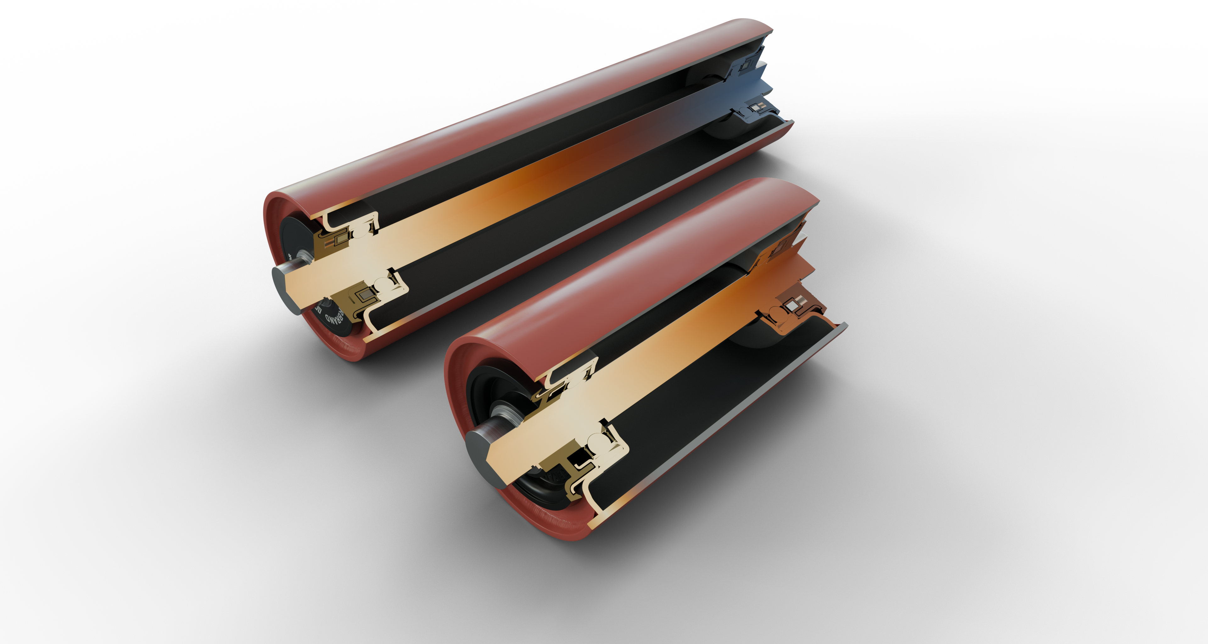 Cutaway of a long roller with two Sensor Seals and a short roller with one, showing bearing heat travelling along the shaft