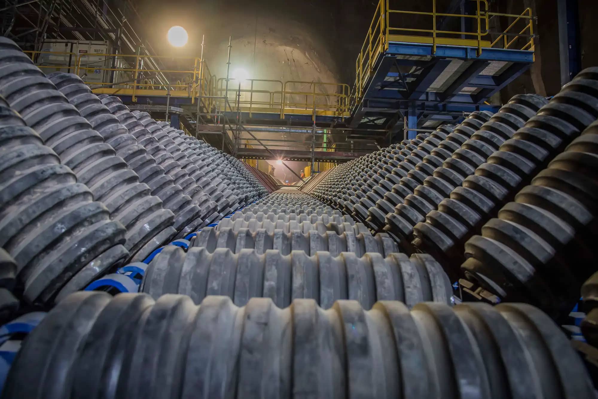 Long-shot of multiple Lorbrand pulleys lined up in the manufacturing facility ready for dispatch
