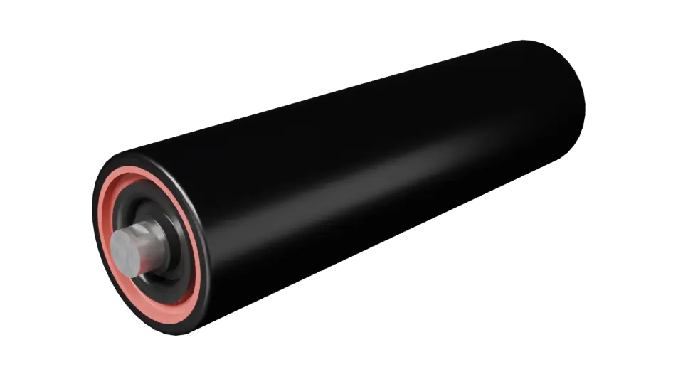 3D render of a Lorbrand UHMWPE-lined roller, end face toward the camera, black lined tube extending away